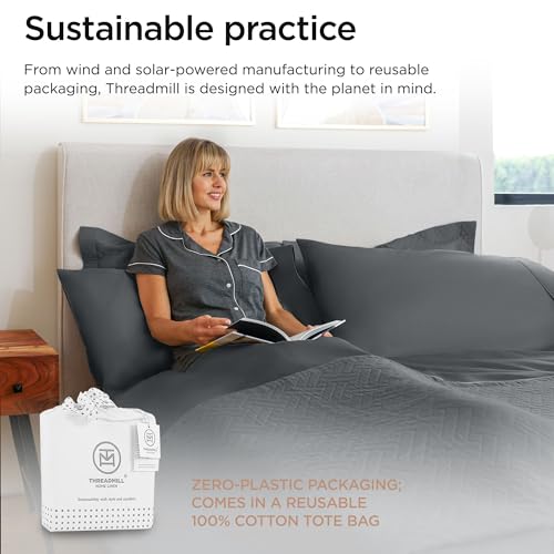 Threadmill 100% Cotton Sheets for Queen Size Bed - 600 Thread Count Queen Bed Sheets Set with 16” Deep Pocket - Sateen Weave 4-Piece Bedding Set with Cooling Effect, Dark Grey - color: Dark Grey Solid, size: Queen