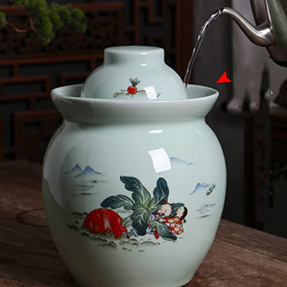 ZHOUXIAO Pickle Jar Ceramic Jar with Lid,Traditional Chinese Fermentation Kit Crock with Water Seal Airlock Lid, Fermentation Jar for Pickles,Kimchi,Sauerkraut,Kombucha Jar 1.5KG