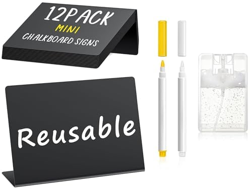 PigPotParty 12 Pcs Food Labels for Party Buffet, 4"x3" Mini Chalkboard Signs for Food Display, Table Place Cards - Name Tags- Small Chalk Board Signs, w/Cleaning Spray & 2 Markers - style: Plastic L-12 (Indoor)