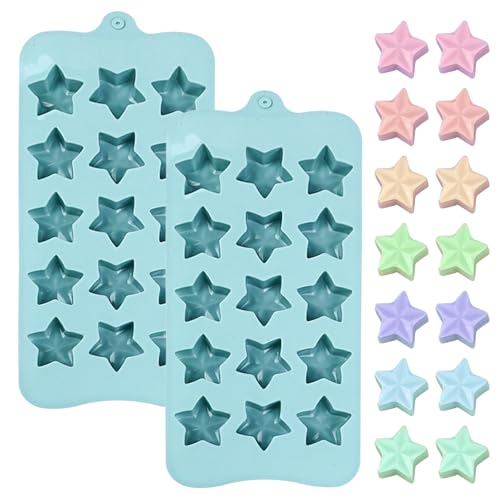 Star Silicone Candy Mold 15-Cavity for Chocolate Jelly Ice | Set of 2 Molds, 21 x 11 cm Size, Star Shape Cavities, For Candy & Jelly, Flexible & Reusable - color: Blue(QY147)