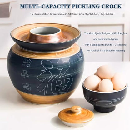 Traditional Chinese Fu Pattern Kimchi Jar, Double-lid Fermentation Crock, Thickened Ceramic Pickling Vessel, for Kombucha(10kg/352.7oz) - size: 10kg/352.7oz