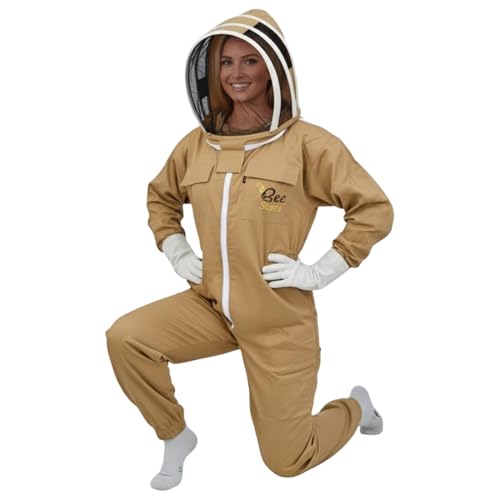 Bee Suit with Fencing Veil One Pair Gloves Polycotton Sting Proof Beekeeping Suit for Beekeeper - color: Khaki, size: Large