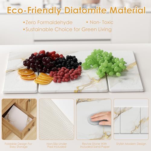 3 PCS Large Stone Dish Drying Mat for Kitchen Counter -24"x16" Absorbent Diatomaceous Earth Mat with Stone Faucet Mat & Soap Tray - Quick Dry, Collapsible, Non-Slip Countertop Organizer - color: gold Marble