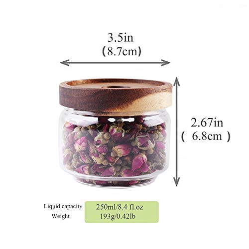 Glass Coffee Containers, 8.5 FL OZ/250 ml Kitchen Serving Food Storage Canister with Sealed Wooden Lid, BPA-Free Clear Glass Jar for Tea Leaves, Powder, Spice(3.06 inch) - color: Clear Glass - Wooden Lid