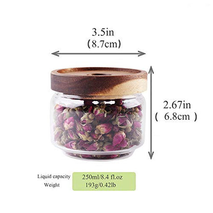 Glass Coffee Containers, 8.5 FL OZ/250 ml Kitchen Serving Food Storage Canister with Sealed Wooden Lid, BPA-Free Clear Glass Jar for Tea Leaves, Powder, Spice(3.06 inch) - color: Clear Glass - Wooden Lid