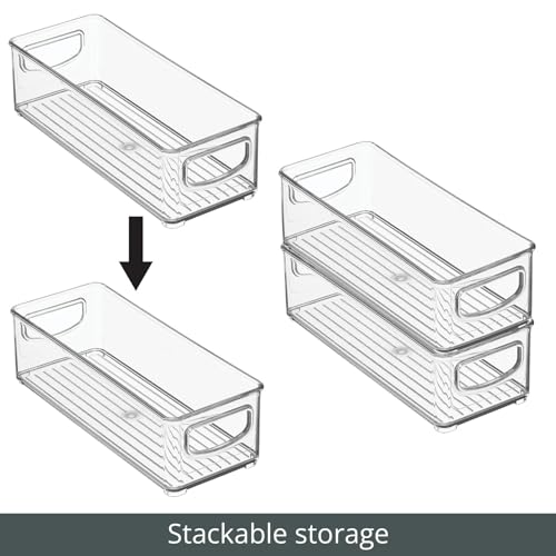 mDesign Plastic Stackable Small Organizing Bin Kitchen Pantry Cabinet, Refrigerator, Freezer Food Organization Storage Bins with Handles, Drawer Container Organizer, Ligne Collection, 4 Pack - Clear - size: 10 x 4 x 3