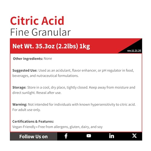 Citric Acid Fine Gran - 1 kg (2.2 lb) - Anhydrous Fine Granular - Natural Sour Salt Flavor Enhancer & Food Grade Preservative - Descaling Cleaning Concentrate - Skincare Bath Bomb Cosmetic Ingredient - size: 2.2 Pound (Pack of 1)