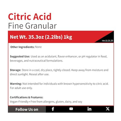 Citric Acid Fine Gran - 1 kg (2.2 lb) - Anhydrous Fine Granular - Natural Sour Salt Flavor Enhancer & Food Grade Preservative - Descaling Cleaning Concentrate - Skincare Bath Bomb Cosmetic Ingredient - size: 2.2 Pound (Pack of 1)