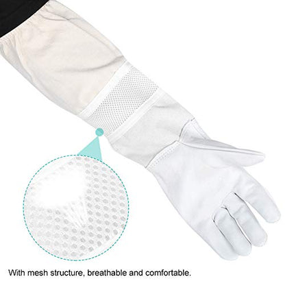 Bee Gloves with Long Sleeves, XL, Breathable Mesh, Elastic Cuff Protective Beekeeper Tool - Durable Goatskin Leather, Ergonomic Design for Hand and Forearm Safety (XXL) - size: XXL