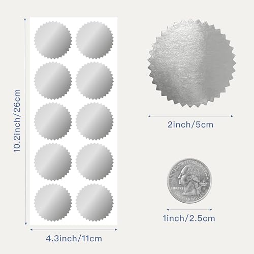 2 inch Round Silver Foil Stickers for Embossing 200 Pcs, Wmiwulien Blank Self Adhesive Notary Embosser Seal Stickers with Serrated Edge for Certificate Package, Envelope, Wafer, Awards Legal Metallic - color: Silver