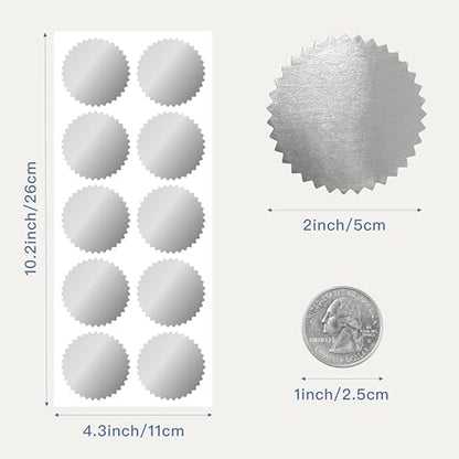 2 inch Round Silver Foil Stickers for Embossing 200 Pcs, Wmiwulien Blank Self Adhesive Notary Embosser Seal Stickers with Serrated Edge for Certificate Package, Envelope, Wafer, Awards Legal Metallic - color: Silver