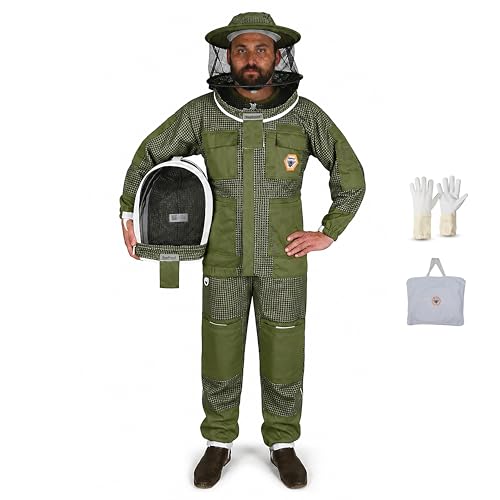 Beekeeping Suit Ventilated 3 Layer Ultra with Total Protection with Safety Fencing for Professional Beekeeping Supplies with Carrying Bag (BP-311-Green)-XS - color: Green, size: XS