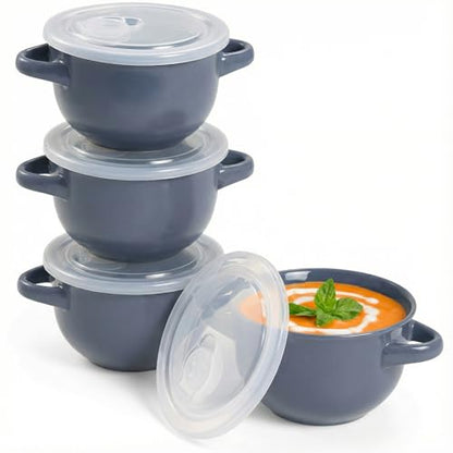 KooK French Onion Soup Bowls, Crocks, Oven Safe Bowls, Soup Mugs, Ceramic Bowls, Dishwasher, Microwave, Set of 4, 18 oz (Denim) - color: Denim