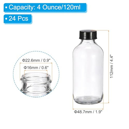 PATIKIL 4oz(120ml) Glass Sample Bottles, 24Pcs Round Bottle Dispensing Bottles with Black Poly Cone Cap for Reagent Liquids, Juice, Perfume Hot Sauce Ginger Shots, Transparent - color: Clear,Black, size: 4 oz