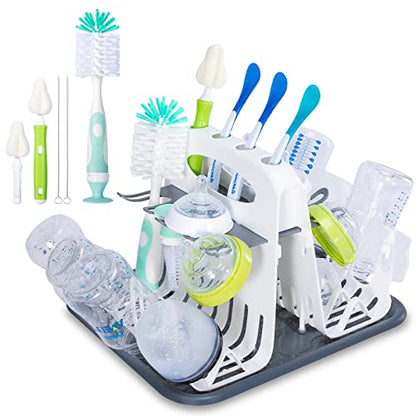 CAREBABYMORE High Capacity Drying Rack with 5pcs Brushes, Deluxe Countertop Drying Rack, Universal Drying Station, Baby Bottle Drying Rack with Bottle Brushes, White