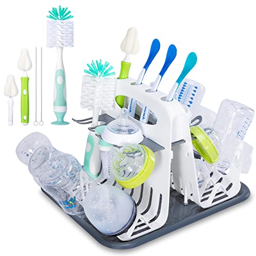 CAREBABYMORE High Capacity Drying Rack with 5pcs Brushes, Deluxe Countertop Drying Rack, Universal Drying Station, Baby Bottle Drying Rack with Bottle Brushes, White