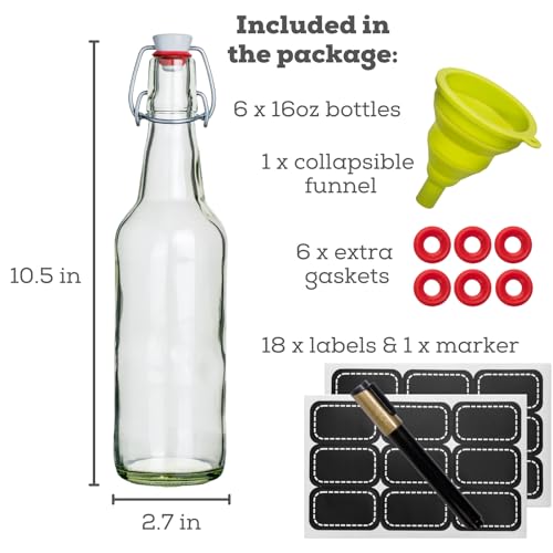 WILLDAN Set of 6-16oz Swing Top Glass Bottles - Flip Top Brewing Bottles For Kombucha, Kefir, Vanilla Extract, Beer - Airtight Caps and Leak Proof Lids, Bonus Gaskets and Funnel - size: 16oz - 6 Pack