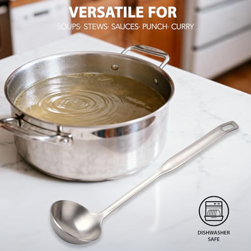 Professional Stainless Steel Soup Ladle, 11.8" Comfort Grid, Long Ergonomic Handle, Durable Kitchen Utensil for Cooking, Stirring, Serving Soups, Heavy-Duty Metal, Dishwasher Safe
