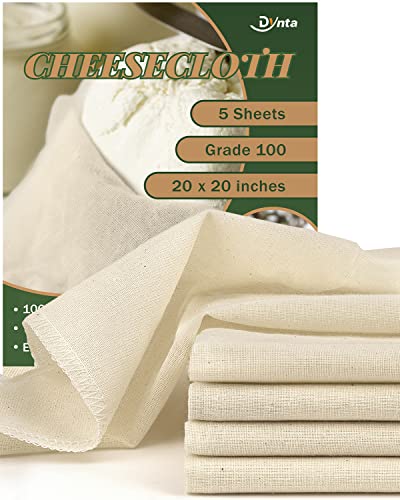 Cheesecloth for Straining Grade 100, 5 Pieces Reusable Hemmed Cheesecloth 20 x 20 Inches, 100% Unbleached Cotton Cheese Cloths for Straining, Filtering, Canning, Covering, Polishing and Decoration - size: 5 Pieces