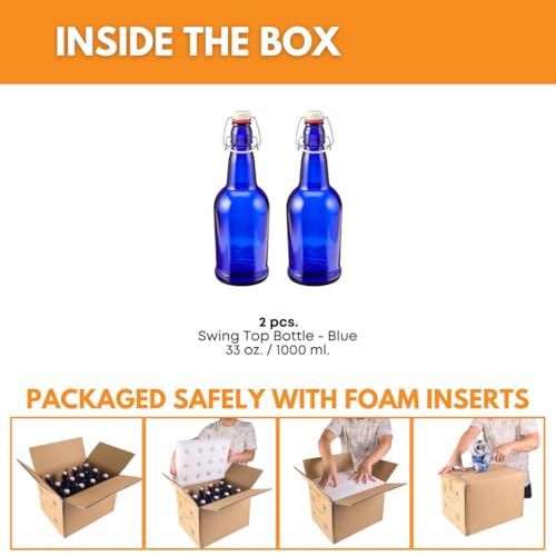 FastRack 33 oz Blue Swing Top Glass Bottles – 2 Pack | Flip Top Airtight Bottles (Not Olive Oil Style) | Reusable Bottles for Kombucha, Beer, Soda, Mead & Fermentation - color: Blue