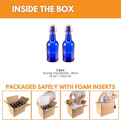 FastRack 33 oz Blue Swing Top Glass Bottles – 2 Pack | Flip Top Airtight Bottles (Not Olive Oil Style) | Reusable Bottles for Kombucha, Beer, Soda, Mead & Fermentation - color: Blue