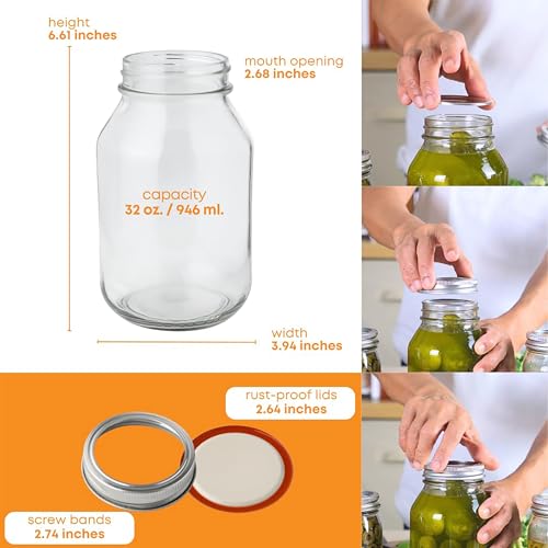 FastRack 32 oz Regular Mouth Mason Jars with Lids – Pack of 12 Quart Canning Jars for Food Storage, Pickling, Fermentation, Crafts – Reusable Airtight Large Glass Mason Jar with 1 Black Cap Gripper - size: 32oz - 12P