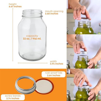 FastRack 32 oz Regular Mouth Mason Jars with Lids – Pack of 12 Quart Canning Jars for Food Storage, Pickling, Fermentation, Crafts – Reusable Airtight Large Glass Mason Jar with 1 Black Cap Gripper - size: 32oz - 12P