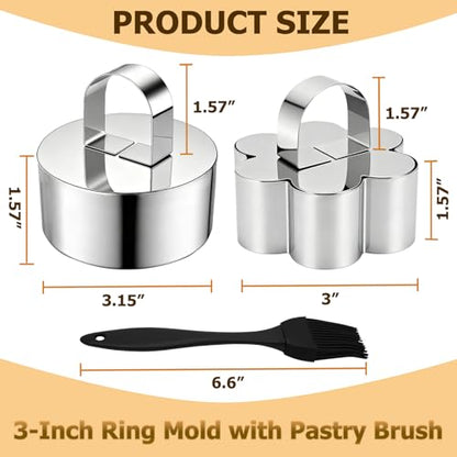 4 Pack Food Molds Set, 3.15-Inch Cake Ring Mold, Stainless Steel Cooking Rings with Pastry Brush for Food Presentation - size: 3.15In-2 Round+2 Flower-Shaped