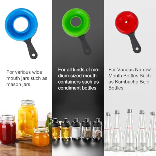 Kitchen Silicone Collapsible Funnel Set, Large, Medium, Small Multicolored Food Grade Funnels (3 Pcs Blue, Green, Red)