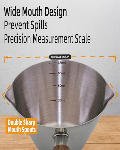 Espresso Shot Cups- 4oz Double Spouts Espresso Measuring Cups with Wooden Handle - Coffee Bar Accessories, Bright Silver（2 Pcs） - color: Bright Silver 2 Pcs