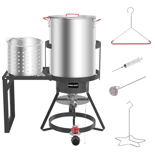 Fire Riot 30Qt Turkey Fryer with Basket, Outdoor Propane Deep Fryers Burner Stand, 50,000BTU Cast Iron Burner, Steamer and Seafood Boiler Set, Black - style: 30-Qt Turkey Fryer