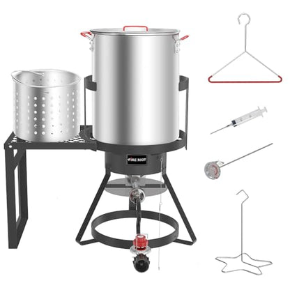 Fire Riot 30Qt Turkey Fryer with Basket, Outdoor Propane Deep Fryers Burner Stand, 50,000BTU Cast Iron Burner, Steamer and Seafood Boiler Set, Black - style: 30-Qt Turkey Fryer