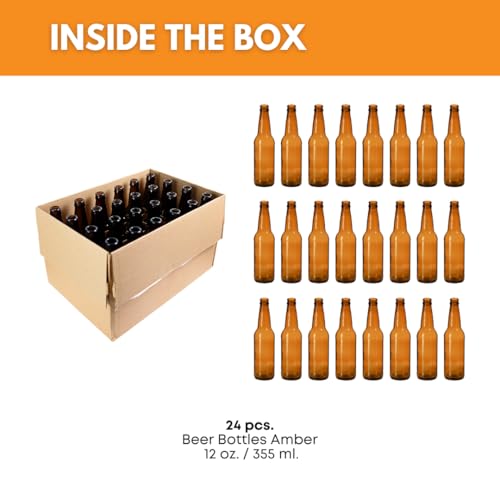 FastRack Amber Beer Bottles 12oz (Pack of 24) | Longneck Glass Beer Bottles w/Crown Finish for Home Brewing Mead, Cider & Kombucha | Durable Brewing Bottle & Bottling Kit - size: 12 oz - Pack of 24