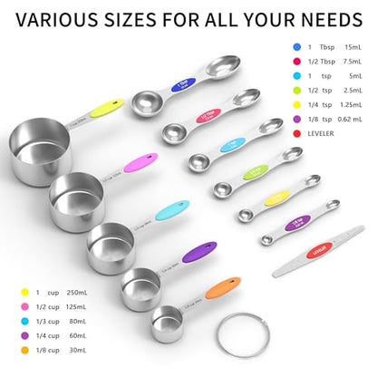 TILUCK measuring cups and magnetic measuring spoons set, stainless steel measuring cups, 6 double-sided stainless steel measuring spoons & 1 leveler (12)