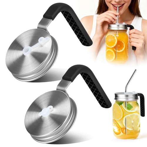 Palksky Mason Jar Lids with Straw Hole & Handle for Regular Mouth Jars, Leak-Resistant Drinking Lids with Extra Silicone Rings, Mason Jar Straw Lids for Iced Coffee, Lemonade, Juice (2 Pack) - style: Regular Mouth Lids with Straw & Handle 2 Packs