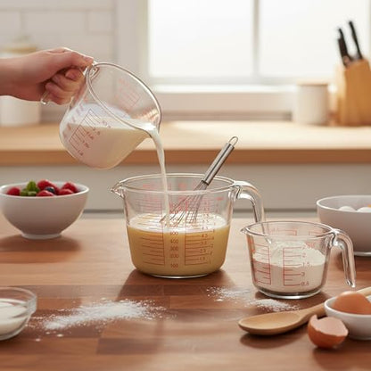 6 Pcs Glass Measuring Cups Set with Lids (Strainer Included) - 1-Cup/2-Cup/4-Cup Nesting Jugs with Easy-Grip Handles, Kitchen Liquid Measuring
