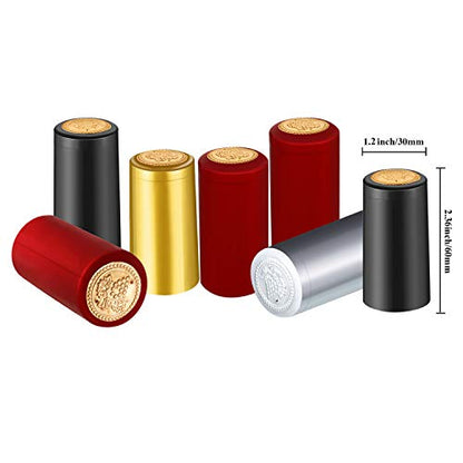 Blulu 200 Pcs Wine Sealer for Bottles PVC Heat Shrink Capsules Bottle Caps for Wine Making Cellars and Home Use (Black,Red,Gold,Silver) - color: Black, Red, Gold, Silver