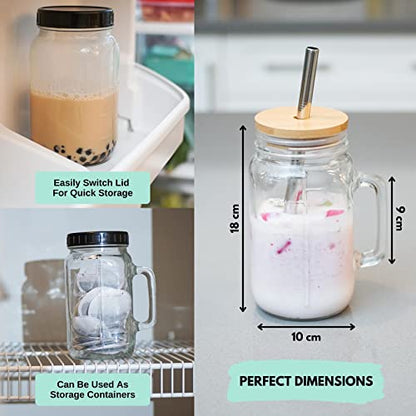 32 oz Wide Mouth Glass Drinking Jar with Handle | Iced Coffee Cup | Includes 2 Lids, 2 Silicone Straws, 2 Stainless Steel Straws, 20 Reusable Ice Cubes, Cleaning Brush & Recipe Book.