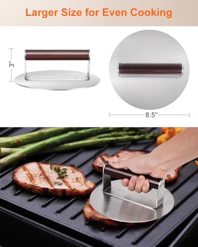 Brigii 8.5" Stainless Steel Smash Burger Press, Heavy Duty Burger Smasher for Crispy Smash Burgers, Round Grill Press for Griddle and Grill, Dishwasher Safe - size: 8.5"