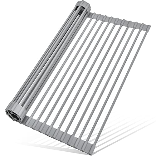 MERRYBOX Roll Up Dish Drying Rack, Over The Sink Dish Rack Foldable, Heat-Resistant, Anti-Slip Silicone Coated Steel Dish Drainer for Kitchen Sink, Multipurpose Roll Up Sink Drying Rack, 17.5" x 13" - color: Rectangle-grey, size: Rectangle: 17.5" x 13"