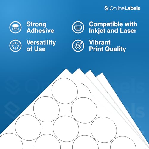 2" Round Labels - Permanent Adhesive, White Matte - Great for Candle and Jar Lids, Products, Favor Labels - Pack of 20,000 Circle Stickers, 1,000 Sheets - Inkjet/Laser Printers, OL5375WX, OnlineLabels - size: 1000 Sheet Pack
