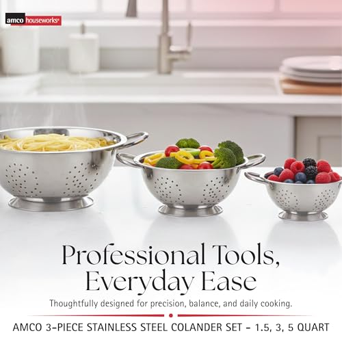Amco 3-Piece Stainless Steel Colander Set - Silver, Set of 3