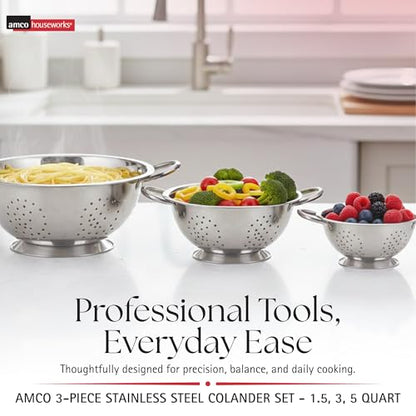 Amco 3-Piece Stainless Steel Colander Set - Silver, Set of 3