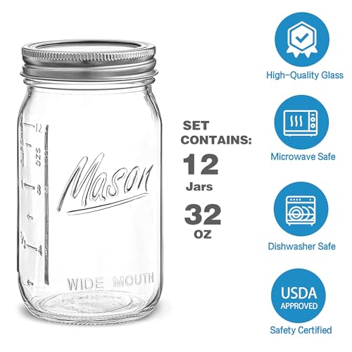 Esrentle Wide Mouth Mason Jars 32 oz - 12 Pack Large Glass Mason Jars with Airtight Lids and Bands, 1 Quart Glass Jars for Pickling, Canning, Fermenting and Food Storage, Microwave & Dishwasher Safe - color: 32 oz-12Pack-Mason