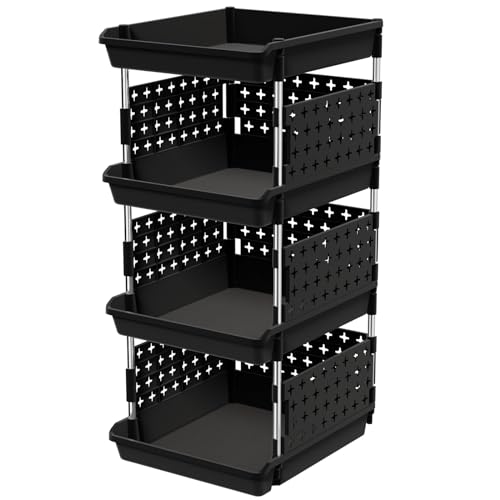 Lifewit Plastic Stackable Storage Baskets, 4 Tier Stacking Bins for Food and Clothes, Multifunctional Organizer for RV, Kitchen, Playroom, Pantry, Black, 35 x 30 x 72 cm/14 x 12 x 28 inch, 1 Pack - color: Black, size: 4 Tier-1 Pack