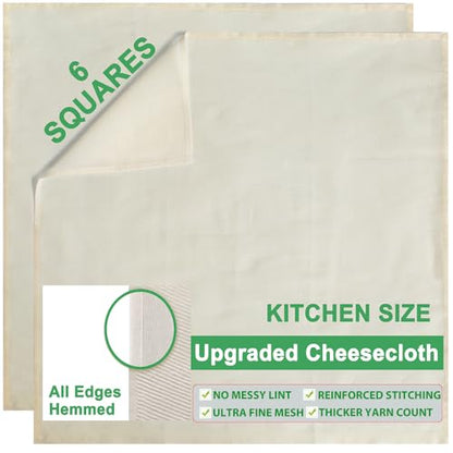 Organic Cheese cloths for Straining Grade 100 Denser Hemmed 20x20Inch 6 PCS | 100% Unbleached Cotton Extra Fine Mesh, Four Stitched Edges No Fraying No Lint, Thicker Yarn Reusable One Layer Cheesecloth