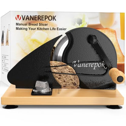 vanerepok Manual Bread Slicer Adjustable Thickness for Homemade Sourdough | Hand Crank Bread Cutter with Scale & Stable Suction Cups & Wood Base for Even Slicing Perfect Baking Gift for Home Bakers - color: Deep Black