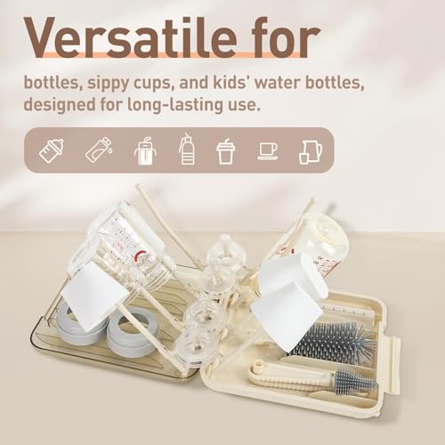 Baby Bottle Brush Set, 6-in-1 Travel Bottle Cleaner Kit with Silicone Bottle Brush, Nipple & Straw Brush, Soap Dispenser, Drying Rack, Storage Box – Compact Baby Travel Essential for Home & On-The-Go - color: Beige
