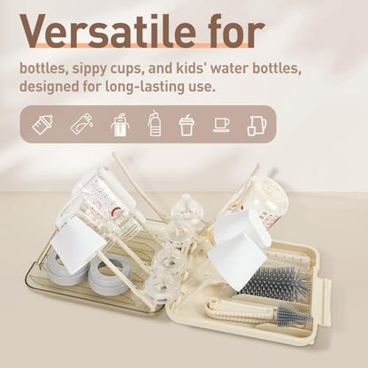 Baby Bottle Brush Set, 6-in-1 Travel Bottle Cleaner Kit with Silicone Bottle Brush, Nipple & Straw Brush, Soap Dispenser, Drying Rack, Storage Box – Compact Baby Travel Essential for Home & On-The-Go - color: Beige