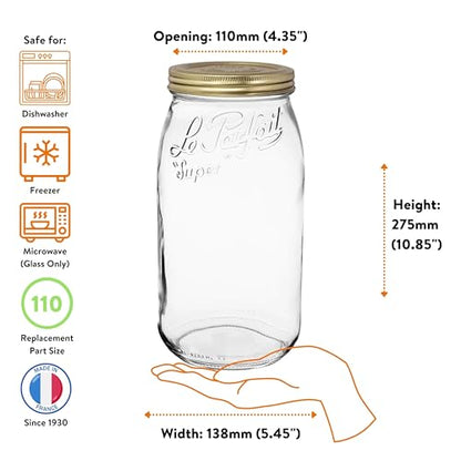 Le Parfait Eco-Friendly Zero Waste Wide Mouth Glass Jar with Airtight Screw Top Lid - Reusable French Storage Jar for Food, Soup, Flour, Sugar, Canning & Baking (3L/96oz, 3 Pack, Gold 2-Piece Lid) - color: 3L-Gold (Set/3)